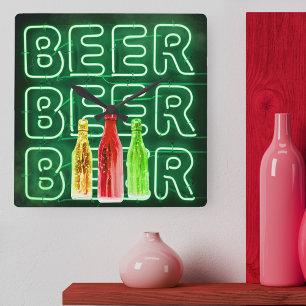 Horloge Carrée Enseigne de bière au néon LED vert émeraude