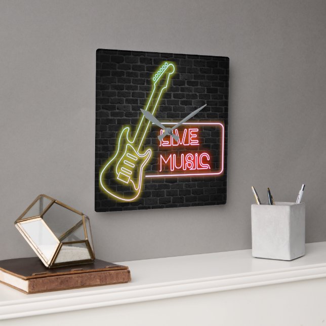 Horloge Carrée Enseigne de guitare au néon sur brique (Bureau)