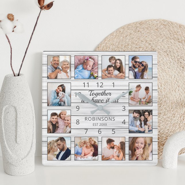 Horloge Carrée Ensemble Nous Avons Tout Citer Famille Photo Blanc (Créateur téléchargé)