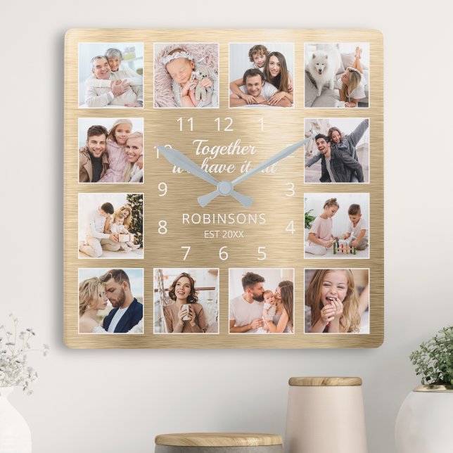 Horloge Carrée Ensemble Nous Avons Tout Citer Famille Photo Gold  (Créateur téléchargé)