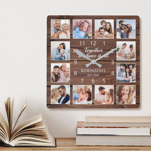 Horloge Carrée Ensemble Nous Avons Tout Citer Famille Photo Rusti (Créateur téléchargé)
