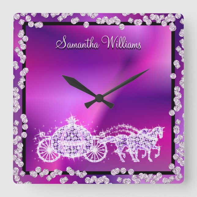 Horloge Carrée Entraîneur et Chevaux de princesse violet brillant (Recto)