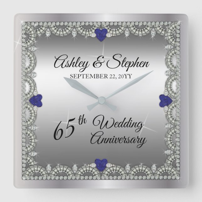 Horloge Carrée Épine Bleue | Diamants 65e anniversaire du Mariage (Recto)