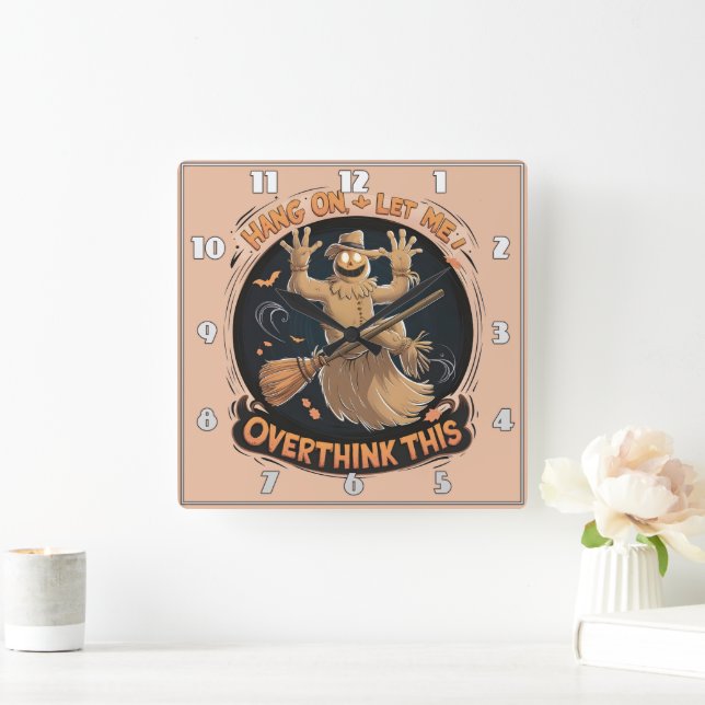 Horloge Carrée Épouvantail blanc sur un balai pour Halloween (Maison)