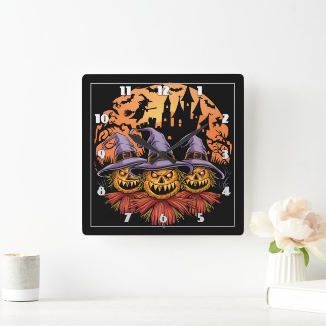 Horloge Carrée Épouvantail d'Halloween éffrayant sous la pleine l (Maison)