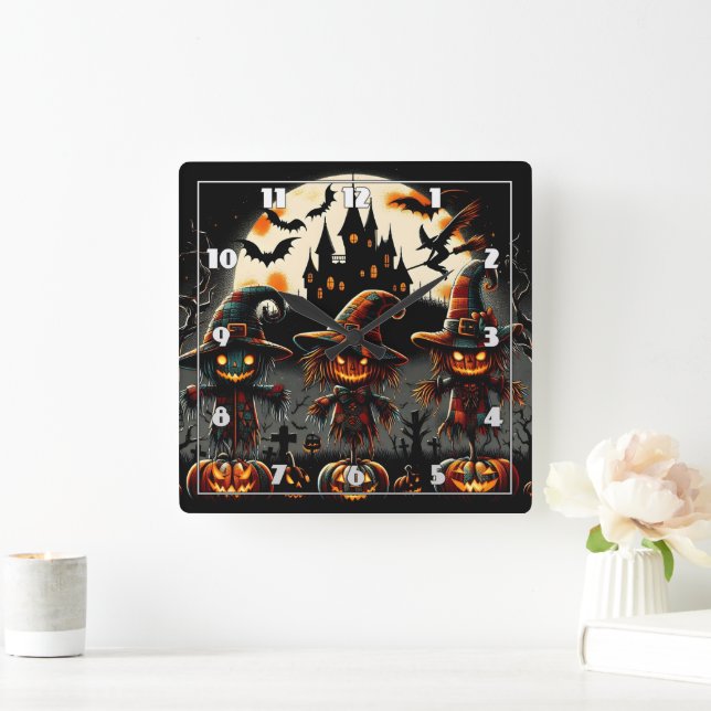 Horloge Carrée Épouvantails éffrayants d'Halloween gardant le cim (Maison)