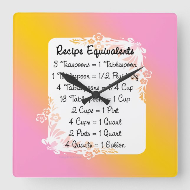 Horloge Carrée Équivalents de mesure Cuisine Helper Floral (Recto)