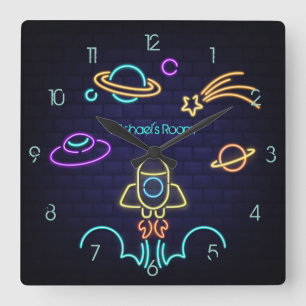 Horloge Carrée Espace Enfants Thème Néon Lumière
