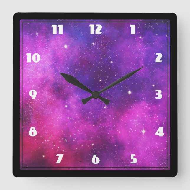 Horloge Carrée Espace rose & violet & Étoiles Faux Galaxy (Recto)