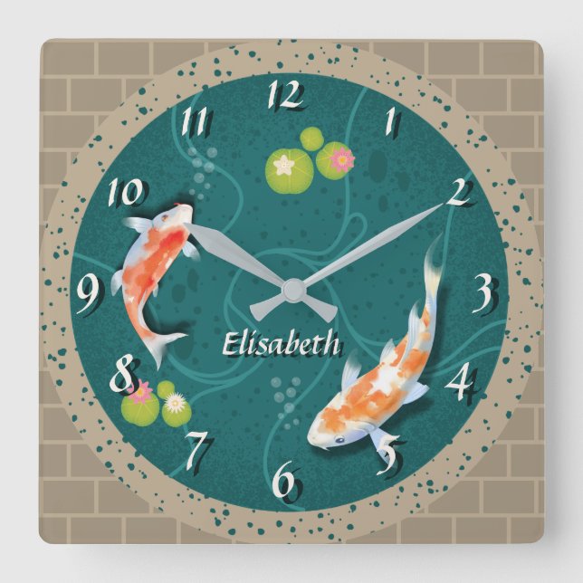 Horloge Carrée Étang réaliste de poissons Koi japonais verts  (Recto)