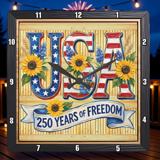 Horloge Carrée États-Unis 250 Ans Liberté Tournesol (Créateur téléchargé)