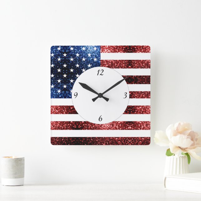 Horloge Carrée États-Unis drapeau rouge bleu étincelles parties s (Maison)