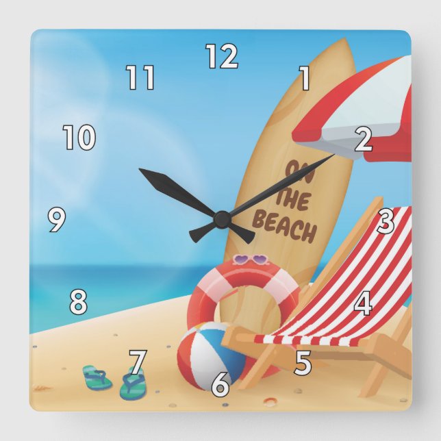 Horloge Carrée Été cool sur la plage avec planches de Surf (Recto)