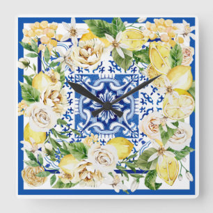 Horloge Carrée Été Méditerrannée citron et fleurs imprimés   