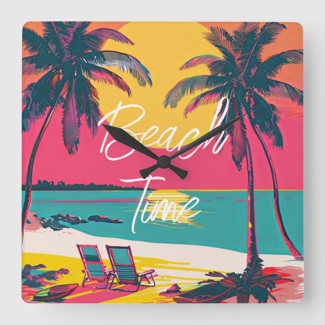 Horloge Carrée Eté Plage Temps Rétro Surfer Palmiers coucher de s (Recto)