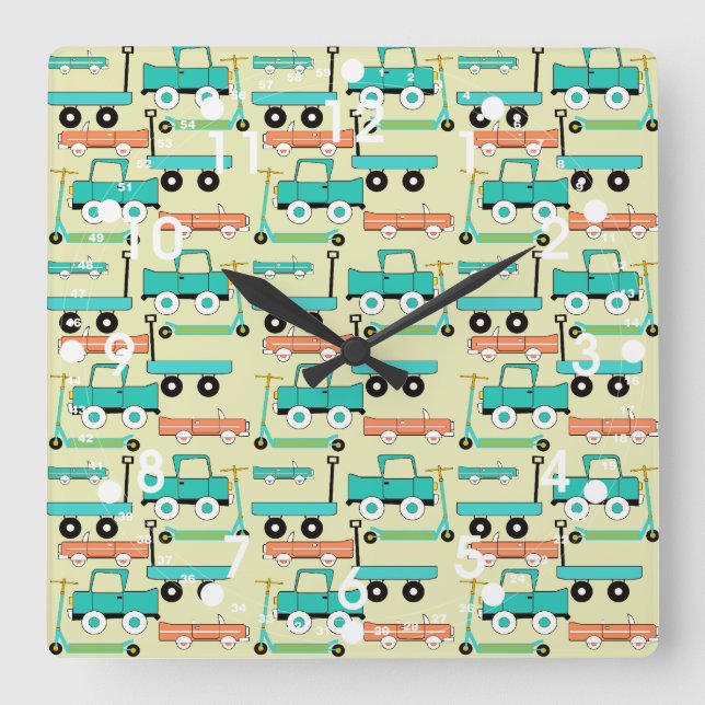Horloge Carrée Été Rétro Roues Scooters Voitures Wagons Camions (Recto)