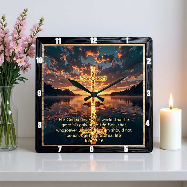 Horloge Carrée Eternal Promise The Cross Rock Island John 3:16  (Créateur téléchargé)
