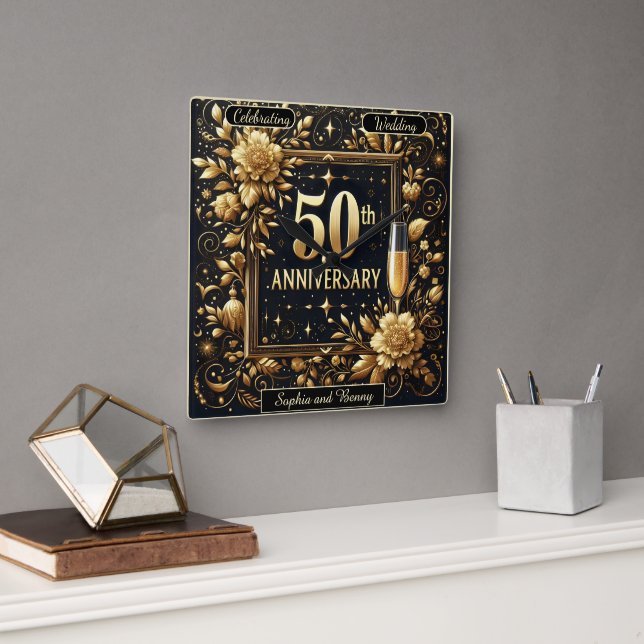 Horloge Carrée Étincelle Dorée : 50 Ans d'Amour (Bureau)