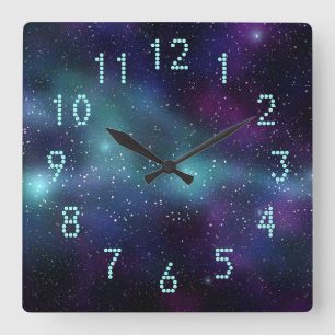 Horloge Carrée Étoiles dans l'espace bleu violet vert chiffres po