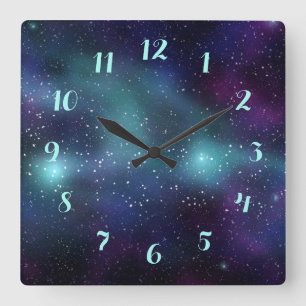 Horloge Carrée Étoiles dans l'espace bleu violet vert Nebula