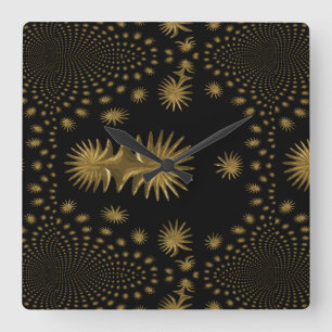 Horloge Carrée étoiles d'or fractales, arrière - plan noir