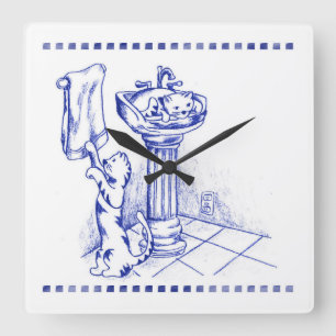 Horloge Carrée Évier et serviette Kitty Chat Salle de bain Toile