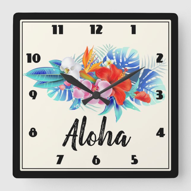 Horloge Carrée Exotic Tropical Flowers - Pink & Aquamarines (Recto)