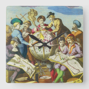 Horloge Carrée Explorateurs vintage avec carte du globe antique, 