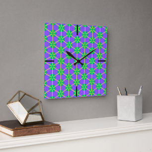 Horloge Carrée Explosion géométrique en violet, vert et jaune