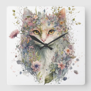 HORLOGE CARRÉE FACE DE CHAT EN COULEUR D'EAU ET JOLIES FLEURS
