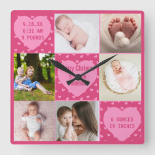 Horloge Carrée Faire-part de naissance de Bébé Fille rose moderne