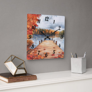 Horloge Carrée Fall Autumn Nature Lake Trees Landscape Painting