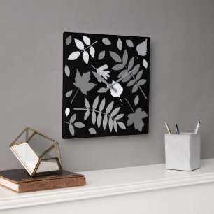 Horloge Carrée Fallen Feuille Design Gris Blanc Noir
