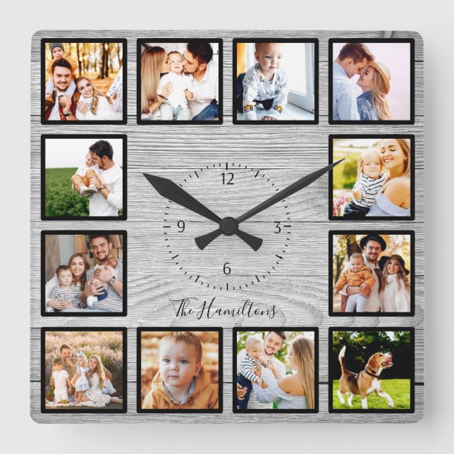 Horloge Carrée Famille 12 Photos Collage Agritourisme Bois rustiq (Recto)