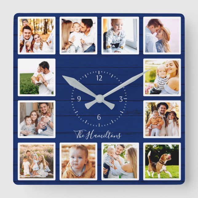 Horloge Carrée Famille 12 Photos Collage Blue Wood (Recto)