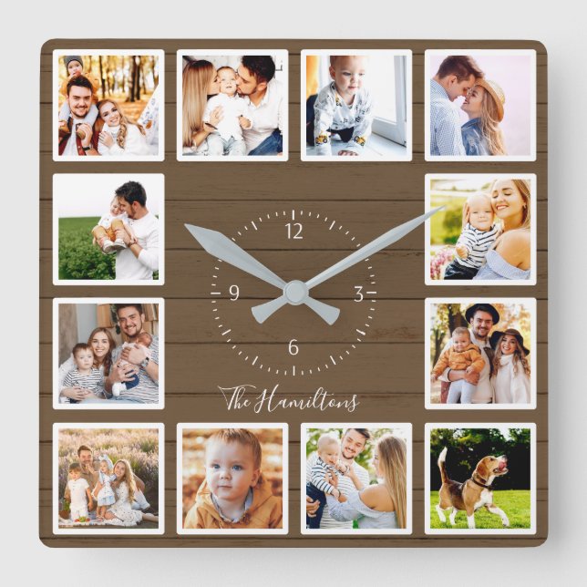 Horloge Carrée Famille 12 Photos Collage Bois Brown (Recto)