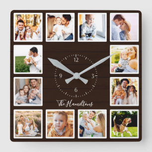 Horloge Carrée Famille 12 Photos Collage Bois Brown foncé