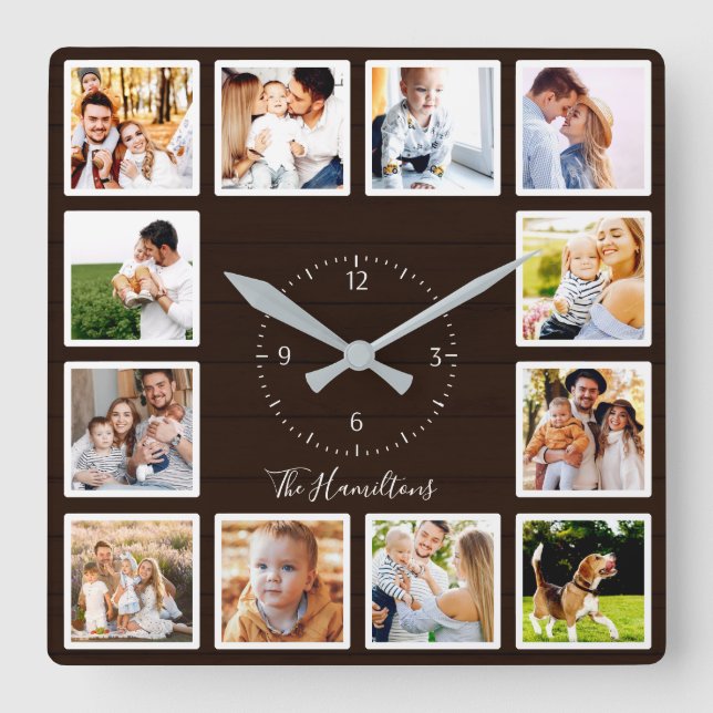 Horloge Carrée Famille 12 Photos Collage Bois Brown foncé (Recto)
