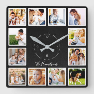 Horloge Carrée Famille 12 Photos Collage Chic Noir Chic Chalk