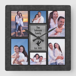 Horloge Carrée Famille Black Grey 6 Photo Instagram Collage photo