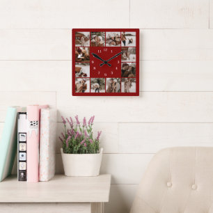 Horloge Carrée Famille Bourgogne moderne 12 Photo Collage Keepsak