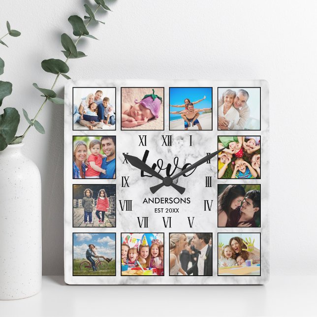 Horloge Carrée Famille customisée Photo Collage Love Script Marbr (Créateur téléchargé)