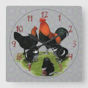 Horloge Carrée Famille de poulets Marans cuivre noir