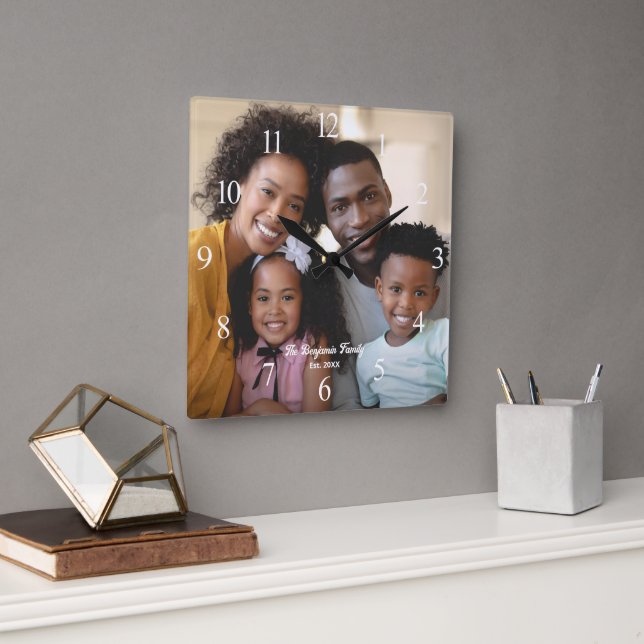 Horloge Carrée Famille Mère Père Fils Fille Photo Personnalisée (Bureau)