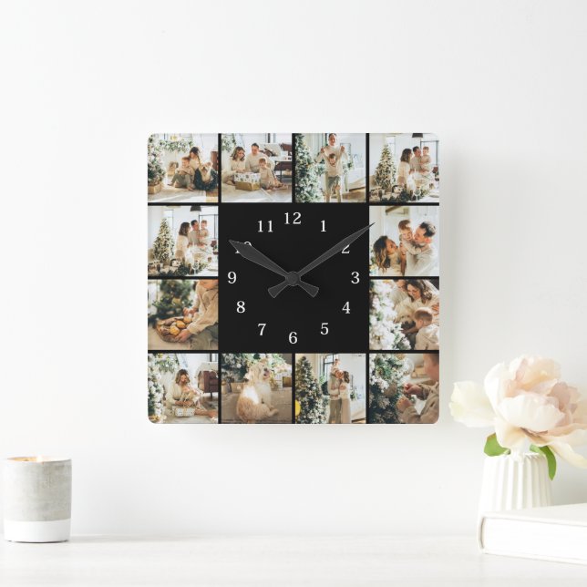 Horloge Carrée Famille moderne 12 Photo Collage Black Keepsaké (Maison)