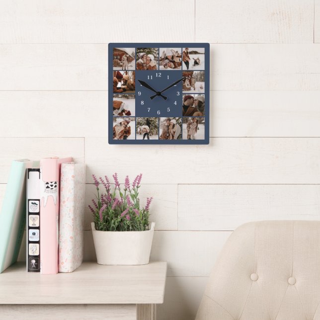 Horloge Carrée Famille moderne 12 Photo Collage Marine Blue Keeps (Salle de lecture)