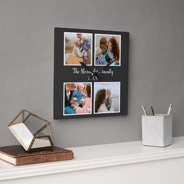 Horloge Carrée Famille personnalisée 4 photo collage modèle (Bureau)