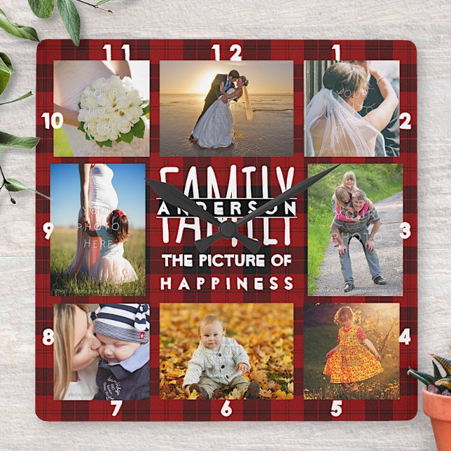 Horloge Carrée Famille Photo Collage Ajouter Nom 8 Photo Rouge Pl (Créateur téléchargé)