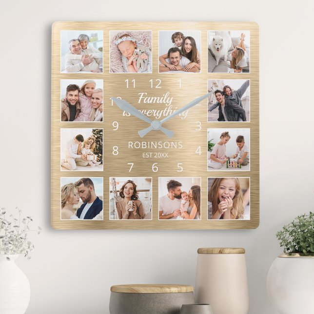 Horloge Carrée Famille Tout Citer Famille Photo Or (Créateur téléchargé)