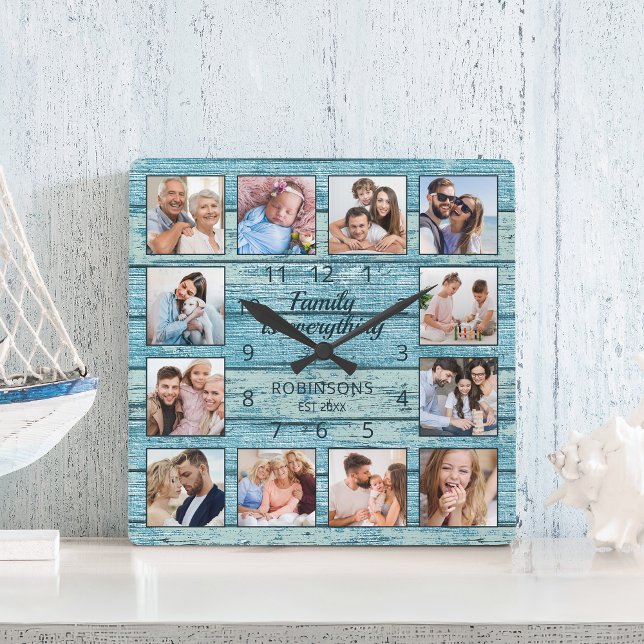 Horloge Carrée Famille Tout Citer Photo Collage Bleu (Créateur téléchargé)